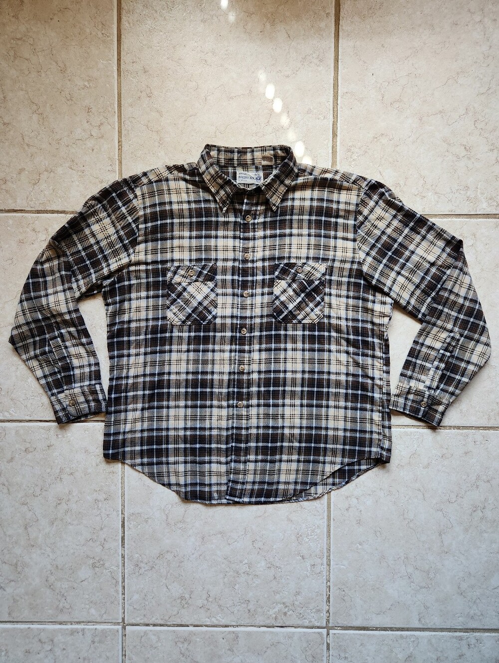 Vintage Sears Roebucks Flannel Shirt Men XL Brown Plaid Button Up Distressed